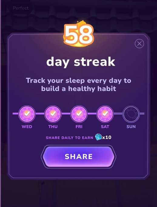 A mobile game screen displays a '58 day streak' achievement with the text 'Track your sleep every day to build a healthy habit' and 'SHARE DAILY TO EARN x10' alongside a 'SHARE' button.