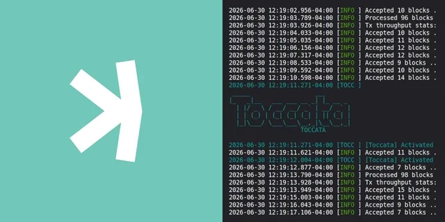 The image shows a split display with a stylized white arrow logo on a teal background (left) alongside terminal logs from "Toccata," a tool processing Kaspa ($KAS) blockchain blocks with timestamps from June 30, 2026, and messages like "[TOCC] Activated" and "Accepted 10 blocks." This visual ties to the post by illustrating active $KAS network development continuing through the "boring" bear market summer, reinforcing the message that good projects keep building during quiet periods.