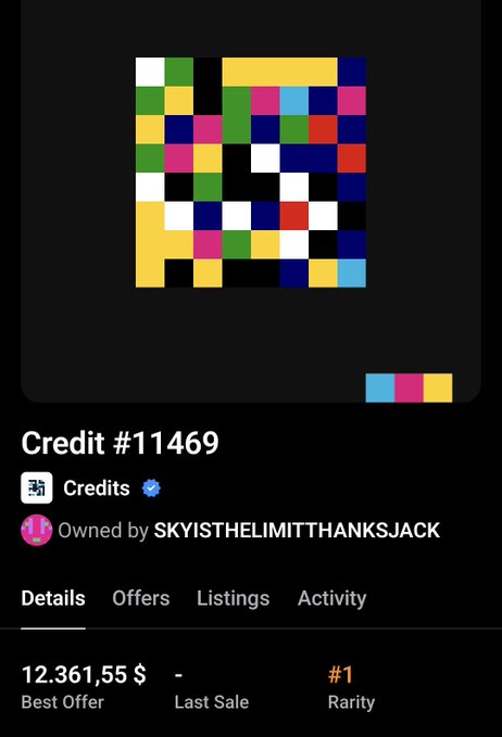 A screenshot of an NFT listing for 'Credit #11469' showing a colorful geometric pixel art piece, owned by SKYISTHELIMITTHANKSJACK, with a best offer of $12,361.55 and #1 Rarity.