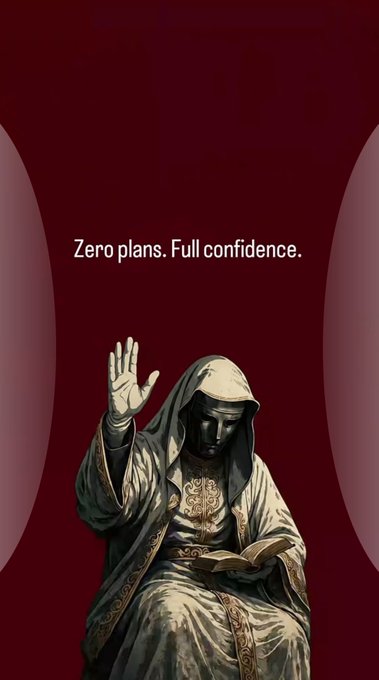 A dark, stylized image of a hooded seated figure with one hand raised in a wave, with text reading 'Zero plans. Full confidence.'