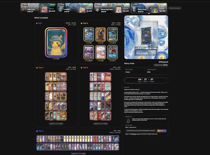 The image features a webpage showcasing a collection of Pokemon cards, including one by artist Van Gogh named Pikachu. The card is priced at $99.99. In addition to the Pikachu card, there are several other cards available for purchase on this page, which indicates a vast selection for fans who want to complete their collection with popular Pokemon characters.