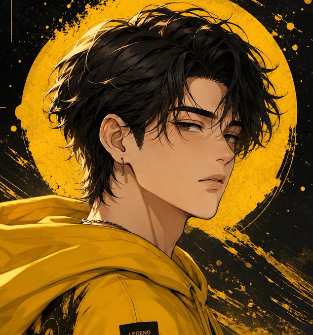 An anime-style digital illustration of a young man with messy dark hair wearing a yellow hoodie, set against a yellow circular background with black brushstroke accents.