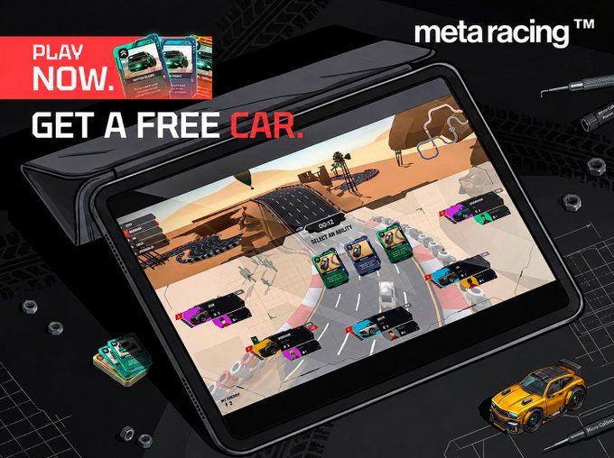 A promotional advertisement for 'meta racing' showing a tablet displaying a car racing game interface, with text 'PLAY NOW' and 'GET A FREE CAR' alongside collectible car cards.