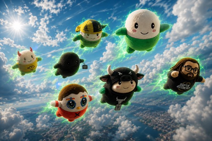 A group of cute, fluffy plushie characters with glowing green auras fly through a cloudy sky, including one labeled "JESSE PINKMAN" and another wearing "WSX 5000" on its shirt—reflecting the post's praise for Cupsey's adorable collectibles and the big-name support behind the project as it aims for the top.