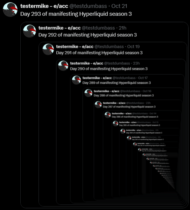 A recursive black social-media post by “testermike - e/acc @testdumbass,” counting down from “Day 293” to “Day 283 of manifesting Hyperliquid season 3.”