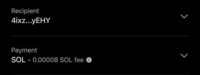 A screenshot of a cryptocurrency transaction confirmation showing a payment of SOL to recipient address "4ixz...yEHY" with a 0.00008 SOL fee, sent alongside the message "Sent you some $SOL."
