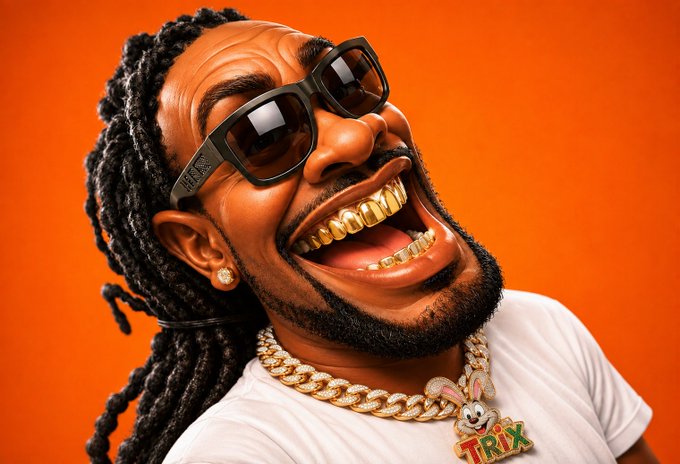 A stylized 3D cartoon portrait of a man with dreadlocks, sunglasses, and gold teeth and chains against an orange background, wearing a white shirt.