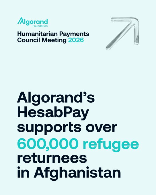 The image is a promotional graphic for the "Algorand Foundation Humanitarian Payments Council Meeting 2026," featuring text stating: "Algorand's HesabPay supports over 600,000 refugee returnees in Afghanistan." It visually reinforces the post's message by highlighting the scale of HesabPay's humanitarian impact in delivering aid to displaced populations via Algorand's blockchain infrastructure.