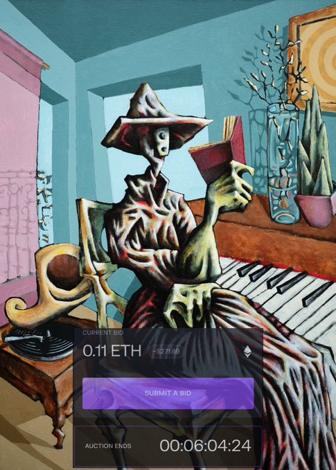 The image shows a surrealist painting of a figure in a wide-brimmed hat reading a red book beside a piano, overlaid with an auction interface displaying "0.11 ETH" as the current bid and a countdown of "00:06:04:24" until auction end. The artwork visually celebrates the artist's connection with Tim (TSME) and supporter, whose bid has initiated this rare 2026 auction.