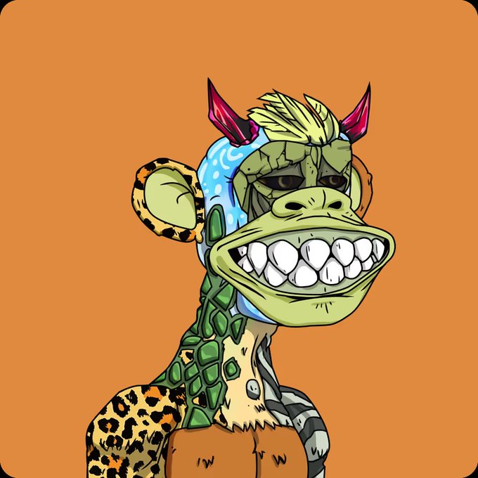 A stylized illustration of a humanoid giraffe-like character with leopard print, green scales, and red horns grinning against an orange background.