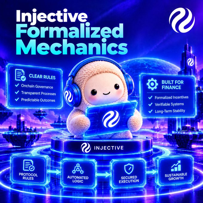 A promotional graphic for 'Injective Formalized Mechanics' features a cute mascot character wearing headphones and holding a tablet, surrounded by features like 'Clear Rules', 'Built for Finance', and 'Protocol Rules'.
