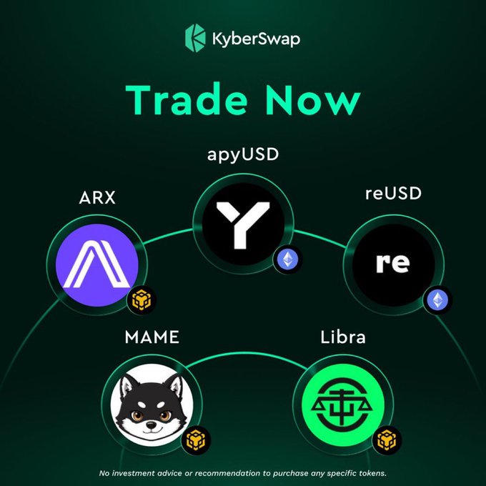 A KyberSwap promotional graphic reading "Trade Now" displays five newly listed tokens—apyUSD, ARX, reUSD, MAME, and Libra—with a disclaimer stating "No investment advice or recommendation to purchase any specific tokens," visually supporting the announcement of new asset additions to the platform.