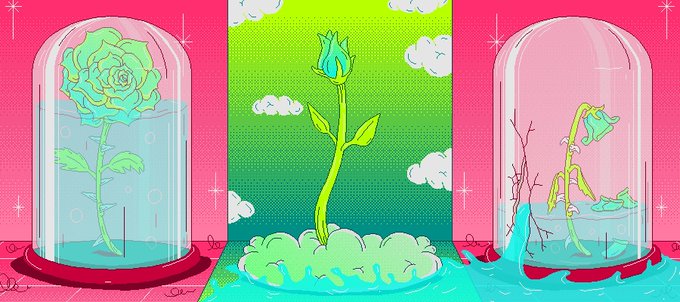 A vibrant comic-style illustration shows a blooming rose under a glass dome on the left, a growing flower in a sunny garden at center, and a withered rose in a water-filled dome on the right—mirroring the NFT caption’s line “You lie, I wither,” “1/1,” and “222 XTZ.”