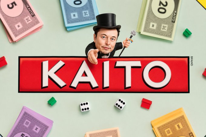 A 'KAITO' brand logo featuring a figure resembling Elon Musk in a top hat holding a wand, surrounded by stacks of colorful play money in denominations of 5, 10, 20, and 500, along with dice and game pieces.