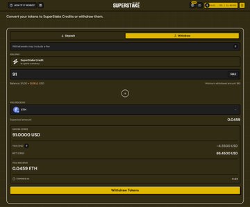 The image shows a SuperStake withdrawal interface where a user is converting 0.0459 ETH (worth $91 USD) from their 0.046 ETH SuperStake Credits balance to withdrawable USDT tokens.

The screenshot illustrates the cashout step for the 0.046 ETH mentioned in the post, showing the conversion process from earned creator rev share into withdrawable funds.