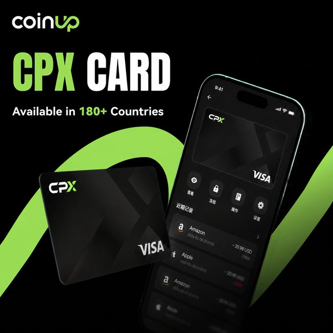 A promotional graphic for 'coinup CPX CARD' available in 180+ countries, showing a Visa debit card and a smartphone displaying the CPX mobile app interface with transaction history.