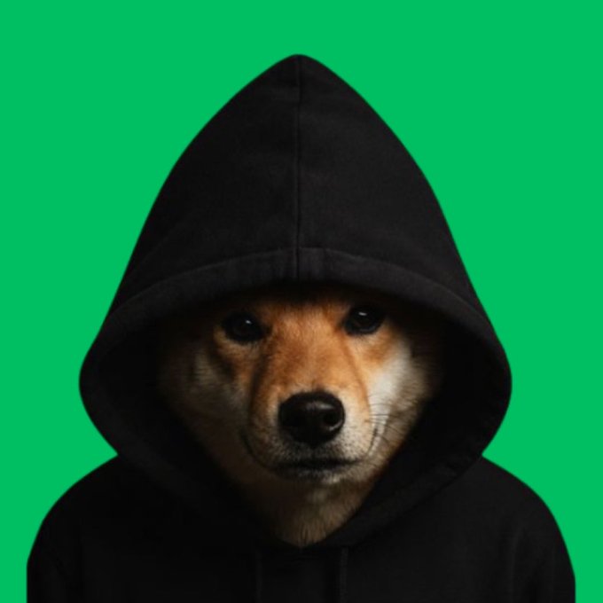 A Shiba Inu dog wearing a black hoodie is shown against a green screen background, matching the post's reference to a "big dog runner" crypto token by personifying it as a literal dog in stealth mode. The hooded, mysterious appearance ties into the "Robin Hood Szn" theme, suggesting an underdog or stealthy new meme coin breaking onto the scene outside the usual Ethereum or Solana chains.