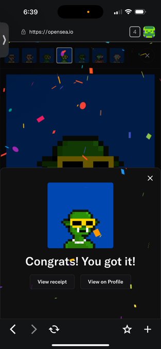 A mobile screenshot from OpenSea showing a pixel-art green monkey NFT being minted, with a pop-up reading 'Congrats! You got it!' and confetti effects.