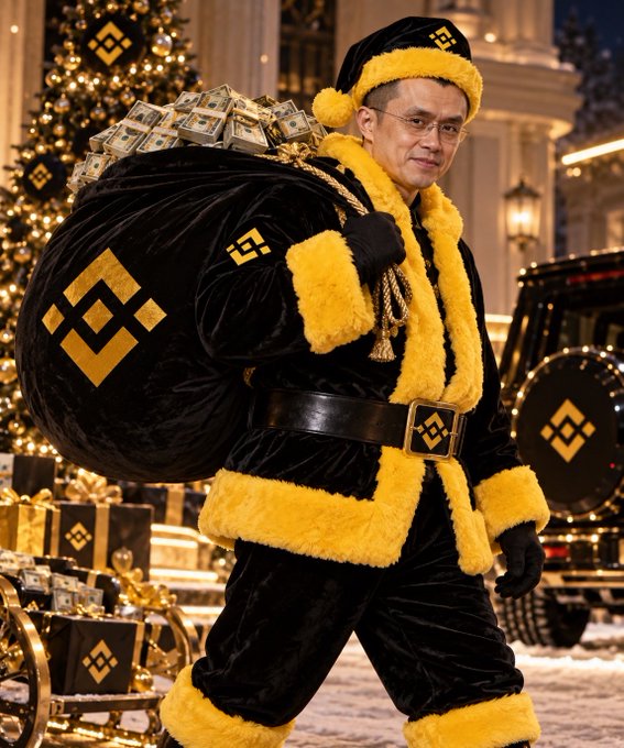 A man in a Santa Claus outfit with Binance (BNB) logos posing with a sack of money and gold coins in front of a Christmas tree decorated with cryptocurrency logos.