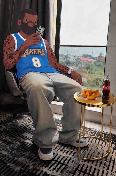 A cartoon-styled illustration of a bearded man in a Lakers jersey (#8) sits in a chair holding a phone, with a Coca-Cola bottle and plate of food on a side table.