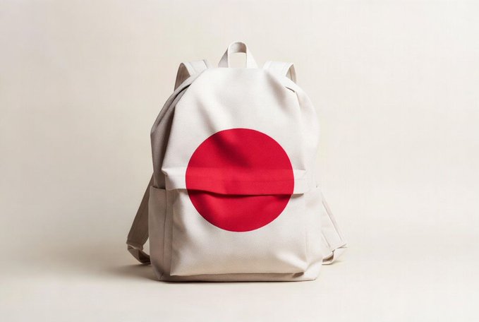 A white canvas backpack featuring a large red circle design resembling the Japanese flag, photographed against a neutral background.