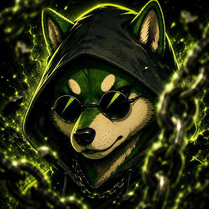 A stylized digital illustration features a wolf character wearing a black hoodie and round sunglasses, surrounded by swirling green energy.