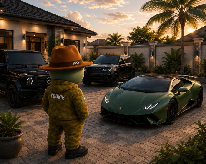 A small green character wearing a fedora and camouflage outfit labeled "YOUKIE" stands in a luxurious driveway admiring a green Lamborghini and black SUVs outside an upscale mansion at sunset.

The image's theme of quiet confidence amid luxury parallels the post's message—that while flashy features get attention, it's the understated, reliable elements (like a clear dashboard) that truly shape everyday experience with $RIVER.