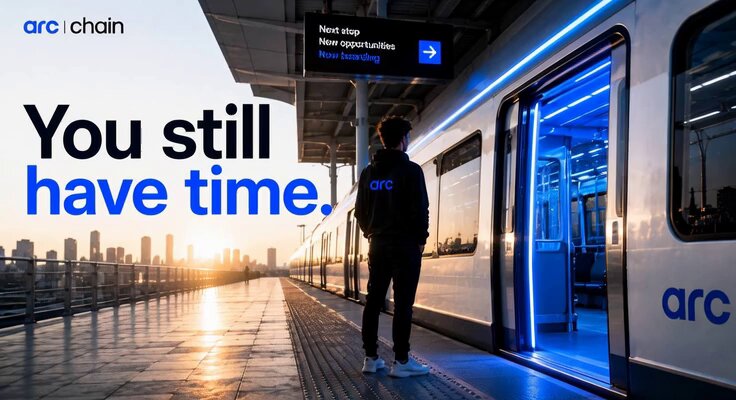 The image shows a person standing next to an open train door, with a city skyline visible behind them. The text "You still have time" is displayed above the person's head, while the words "arc chain" are written below the train. The image also contains a caption that reads "Do you hold arc? Have you created an Arc node? You will be interested in our next post. You still have time."