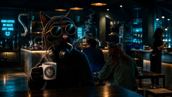 A stylized anthropomorphic black cat wearing sunglasses, braided hair, and headphones around its neck sits in a dimly lit cafe holding a steaming white coffee mug, with a neon sign reading 'GOOD COFFEE NO RULES JUST VIBES' in the background.