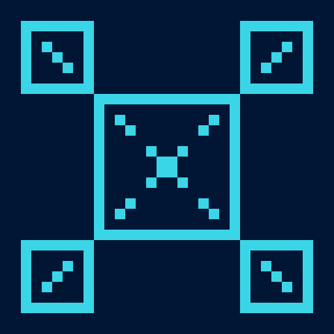 A pixel-art style QR code finder pattern in cyan on a dark navy background, displaying the corner alignment squares and central timing pattern.