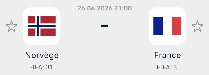 The image shows an upcoming soccer match between Norway (FIFA rank 31) and France (FIFA rank 3) scheduled for 26.06.2026 at 21:00, with star icons for favoriting each team. The post appears to be promoting a $1,000 giveaway to 10 people who correctly predict the exact score of this matchup, with the contest ending in 12 hours.