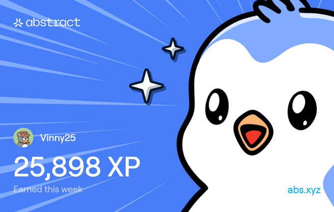 Abstract platform achievement card showing user 'Vinny25' earned 25,898 XP this week, featuring a cartoon bird mascot on a blue background with sparkles.