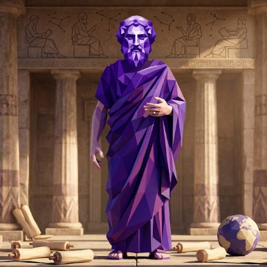 A purple polygonal statue of a bearded figure in a toga stands among scrolls and a globe in a columned hall with ancient reliefs.