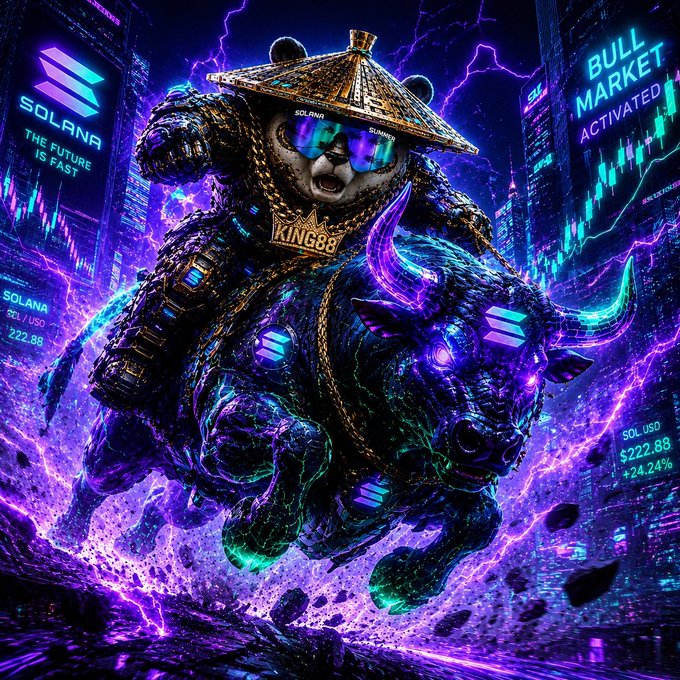 A vibrant digital artwork of a bear wearing sunglasses and a conical hat riding a glowing neon bull, with 'SOLANA' logos, 'BULL MARKET ACTIVATED' and 'SOL/USD $222.88' visible in the background.