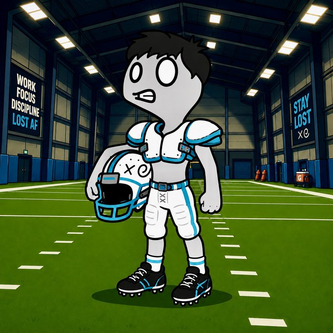 A cartoon illustration depicts a football player in a white and blue uniform holding a helmet in a locker room, with motivational posters reading 'WORK FOCUS DISCIPLINE LOST AF' and 'STAY LOST x0' in the background.
