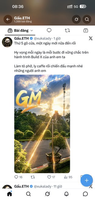 A Twitter/X post screenshot from 'Gấu.ETH' (@xukalady) in Vietnamese discussing coffee and Build X, featuring a 'GM' image with a bonsai tree and golden sunlight.