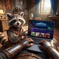 A raccoon wearing an explorer's outfit and hat sits at a desk examining a glowing laptop screen displaying charts and trading data.