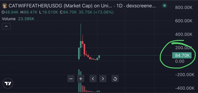 A Dexscreener chart shows CATWIFFEATHER/USDG with a market cap of $84.70K after an initial pump to ~$600K, illustrating the poster's reflection that even a now-"low" $85K cap was once considered too greedy given that $600K was "sufficient enough" at the time.