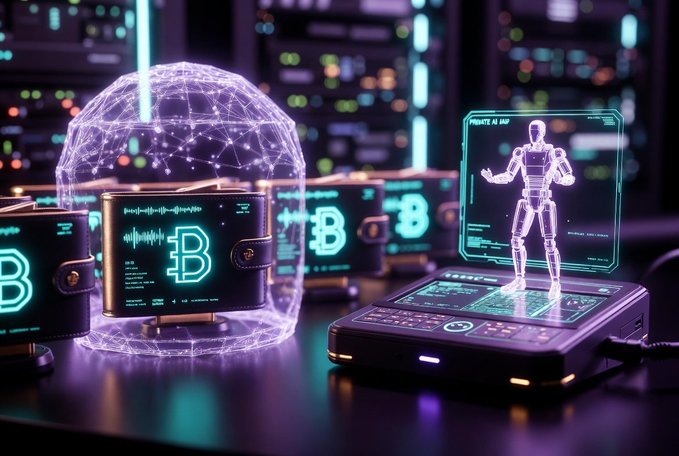 A futuristic crypto security setup featuring glowing Bitcoin "B" logos and a wireframe human avatar labeled "PRIVATE AI HUB," symbolizing the post-quantum protection and sovereign AI privacy offered by quipnetwork and TheARCTERMINAL. The holographic elements and dark, tech-inspired aesthetic visually reinforce the post's message of future-proofing digital assets and intelligence.