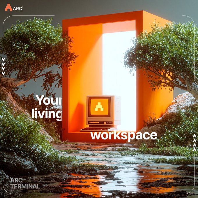 A surreal 3D-rendered scene features a retro computer monitor displaying the ARC logo, positioned within a bright orange portal-like frame surrounded by natural elements like trees, rocks, and water. The image includes the text "Your living workspace," the "ARC" logo, and "ARC TERMINAL" branding, visually reinforcing the post's promotion of the @TheARCTERMINAL anima AI as a privacy-focused, user-controlled AI solution.