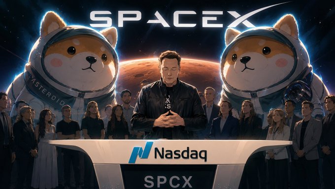 The image features a man wearing an astronaut's suit, standing next to two dog-shaped spaceships with human heads. The man appears to be holding a phone or tablet device. In front of him are two large dog-shaped spaceships, one on each side. A crowd of people is gathered around the scene, and there is a sign that reads "SPACEX" in the background.