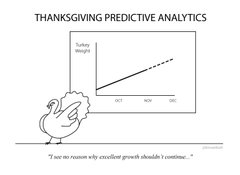 A xkcd-style cartoon titled 'THANKSGIVING PREDICTIVE ANALYTICS' showing a turkey looking at a line graph that predicts its weight, with the caption 'I see no reason why excellent growth shouldn't continue.'