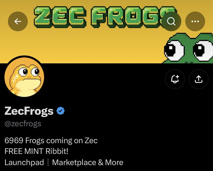 The image shows the Twitter/X profile page for "ZecFrogs" (@zecfrogs), a verified NFT project on Zcash, featuring pixel-art frog graphics and a yellow banner. The bio reads "6969 Frogs coming on Zec FREE MINT Ribbit! Launchpad | Marketplace & More," which directly corresponds to the post promoting an upcoming free mint of 6,969 frog NFTs on the Zcash blockchain.