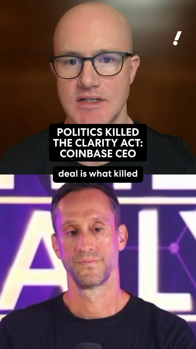 A split-screen video frame shows Coinbase CEO Brian Armstrong on top, captioned "POLITICS KILLED THE CLARITY ACT: COINBASE CEO," with the subtext "deal is what killed," while below him sits podcast host Scott Melker, with Armstrong telling Melker that the failure of the Clarity Act was a missed opportunity for U.S. leadership in crypto.