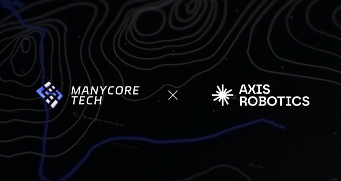 Manycore Tech x Axis Robotics partnership announcement with logos on a topographic background.