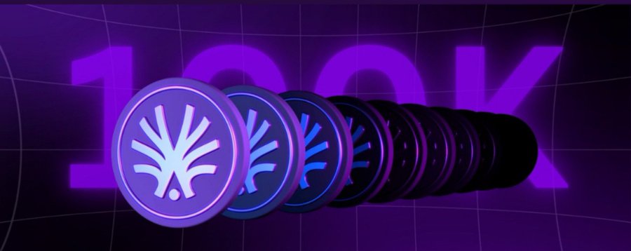A promotional graphic showing a row of stylized metallic tokens with a tree logo, receding into the distance against a purple background with the text '100K'.