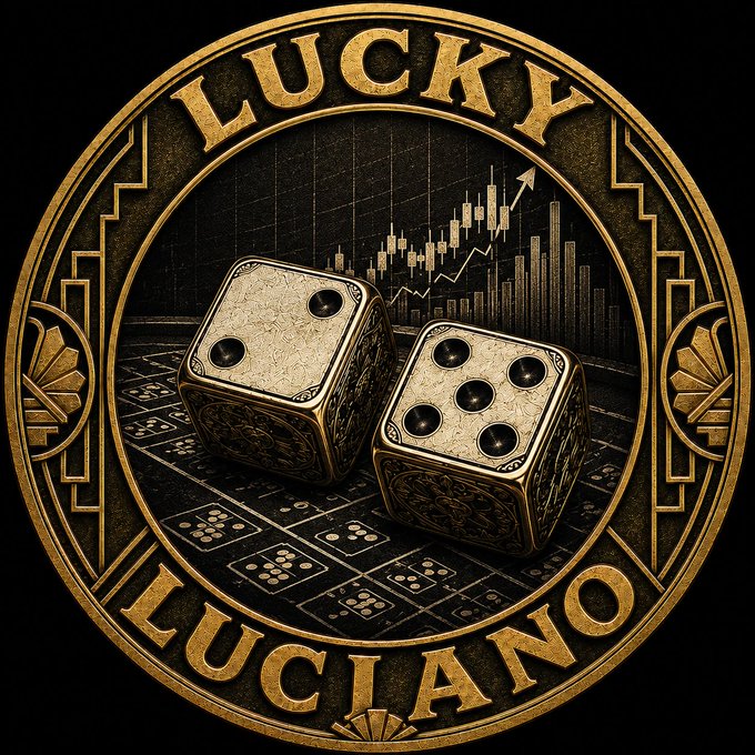 A gold and black circular emblem reading 'LUCKY LUCIANO' featuring two dice resting on a casino craps table with a stock market chart and bar graph in the background.