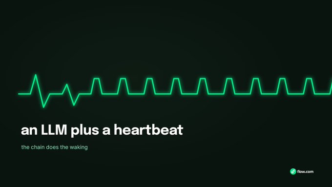 A dark promotional graphic featuring a green heartbeat/EKG line with the text 'an LLM plus a heartbeat' and 'the chain does the waking,' along with a 'flow.com' logo.