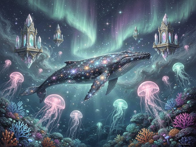 A fantasy digital artwork depicting a large whale made of stars and cosmic dust swimming through an underwater scene illuminated by auroras, surrounded by glowing pink jellyfish, coral reefs, and floating crystalline castles.
