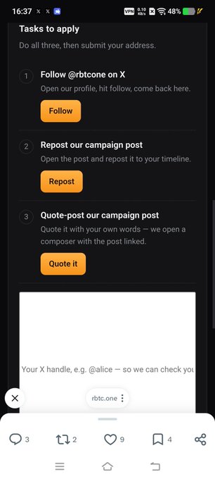 A mobile screen displays social media tasks including 'Follow @rbtcone on X', 'Repost our campaign post', and 'Quote-post our campaign post'.